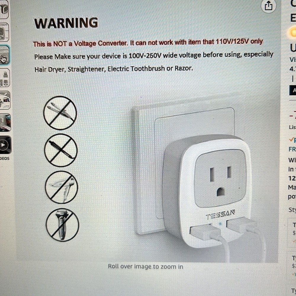 TESSAN Italy travel adapter grounded plug converter NEW - Picture 5 of 8